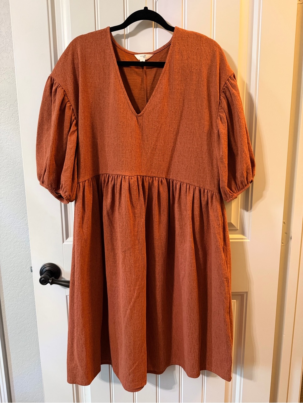 Terra & Sky Rust V-Neck Puff-Sleeve Midi Dress